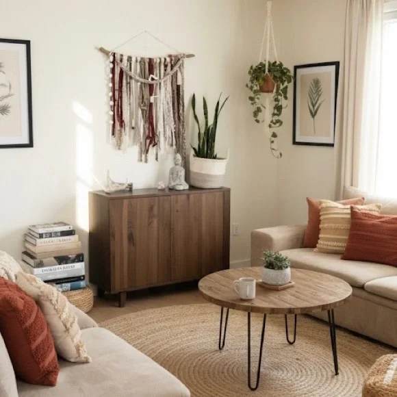 Boho Fiber Art Wall Hanging Macrame Ecru Red Brown Handcrafted Mixed Media Decor - Picture 2 of 7